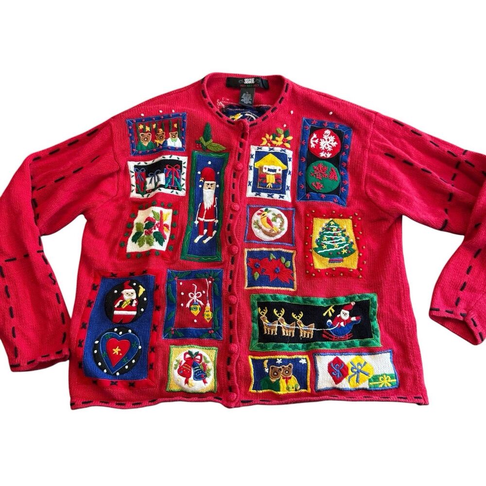Segue Ho Ho Ho Christmas Sweater Cardigan Size L Red Womens Button Santa Sleigh